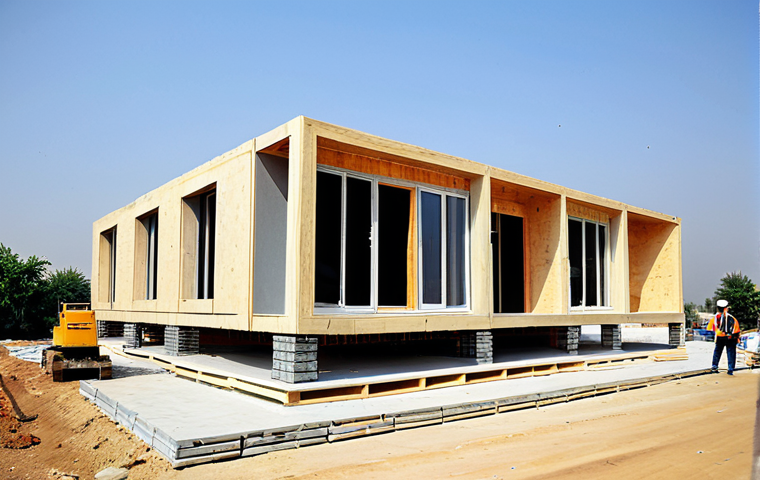Modern Modular Home Construction**

"A modern, family-friendly modular home being assembled on a construction site in Pakistan. The home is fully clothed in a contemporary design with large windows. Construction workers, fully clothed in appropriate attire, are carefully joining the pre-fabricated sections. Background shows a clear blue sky and a safe urban environment. Perfect anatomy, correct proportions, professional architectural photography, high quality, natural pose, safe for work, appropriate content, fully clothed, professional."

**