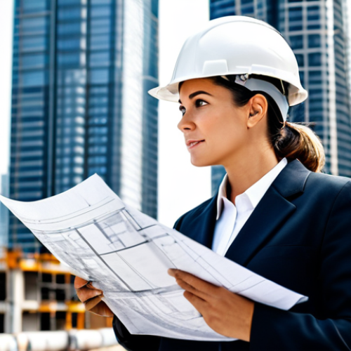 Home 10 **
"A successful female engineer in a professional, fully clothed business attire, reviewing blueprints on a construction site with skyscrapers in the background, wearing a safety helmet, safe for work, appropriate content, perfect anatomy, natural pose, professional photography, high quality, modest attire, family-friendly."
**