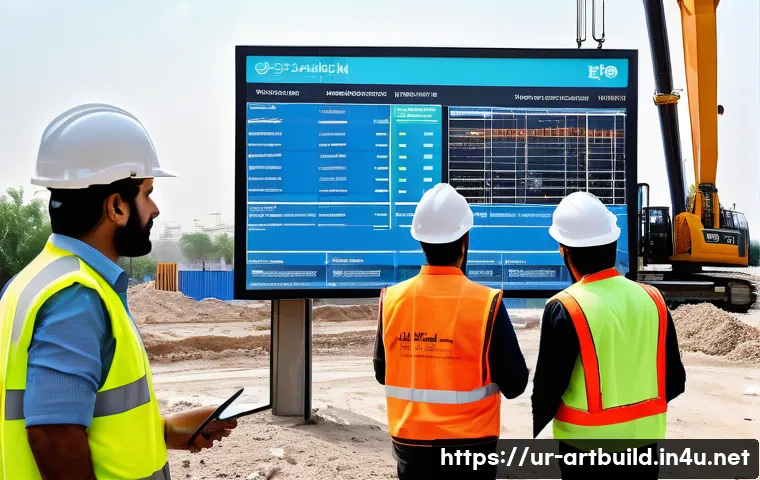 건축과 인공지능 기술 결합 - A modern construction site in Pakistan during daylight, featuring a diverse team of engineers and ar...