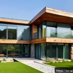 Home 20 폐기물 재활용 건축 사례 - A modern architectural scene featuring a sustainable home constructed with reclaimed natural materia...