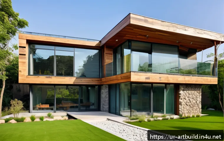 폐기물 재활용 건축 사례 - A modern architectural scene featuring a sustainable home constructed with reclaimed natural materia...