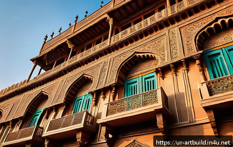 건축 사진 촬영 기법 - A majestic ancient building during golden hour in Lahore, Pakistan, bathed in soft, warm natural sun...