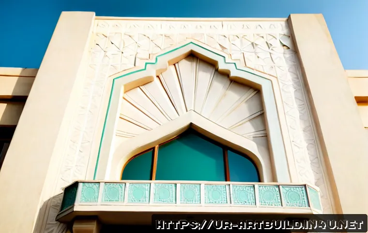 Home 17 아르데코 건축 요소 - Photorealistic close-up of an Art Deco building façade in Karachi, Pakistan, featuring symmetrical g...