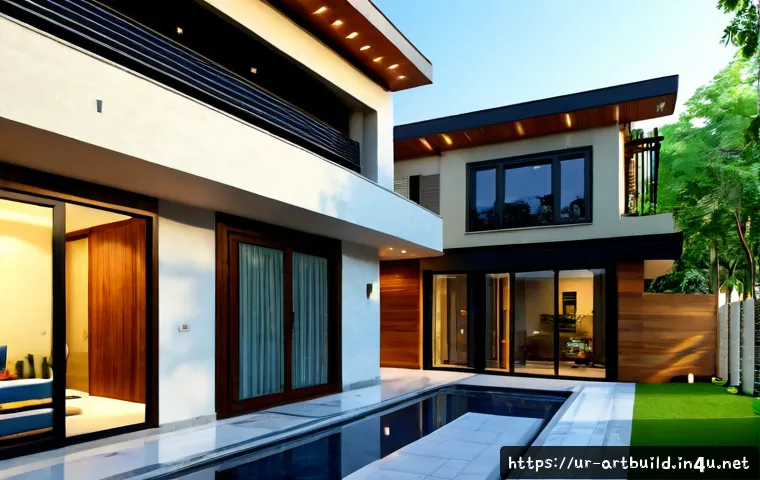 스마트홈 건축 설계 - Photorealistic architectural visualization of a contemporary smart home in Lahore, Pakistan, viewed ...